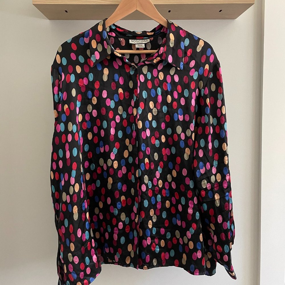 Fun Vintage Polka Dot Top 100% Silk Plus Size 22W Long Sleeve Button Up Multi